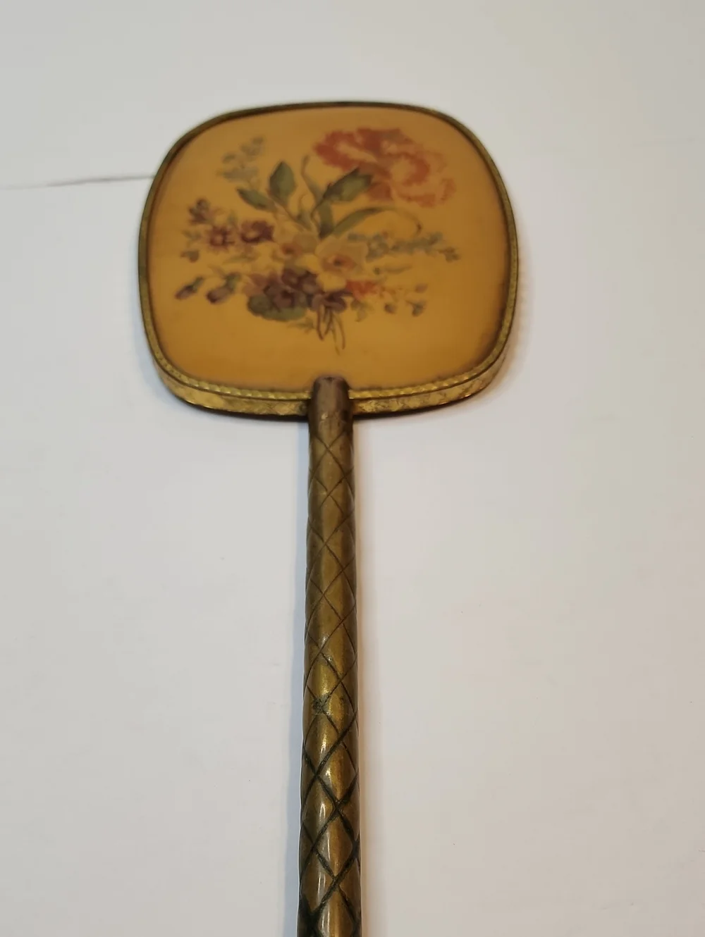 Vintage Hand Mirror with Floral Motif in Mustard Yellow and Gold 13